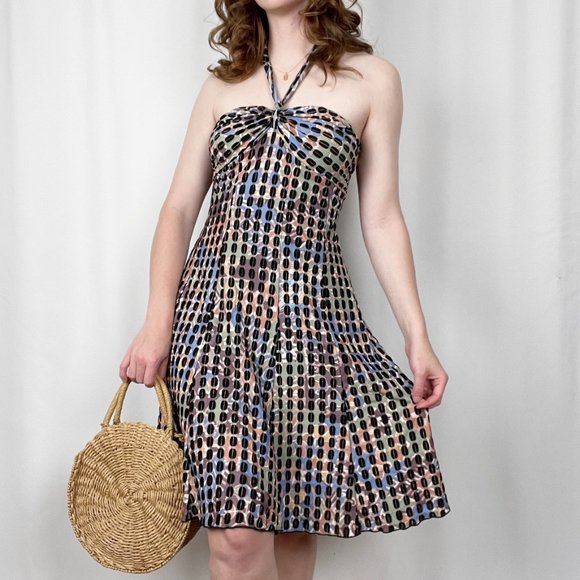 Vintage Multicolor Halter Knit Jersey A-Line Fit & Flare Mini Midi Summer Dress - Picture 5 of 8